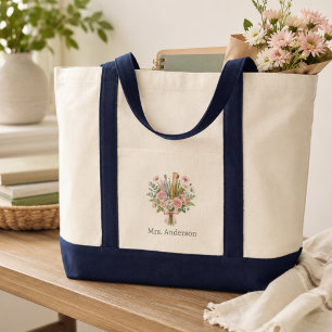 Bolsa Tote Nome de Professor Personalizado Floral Volta às Au