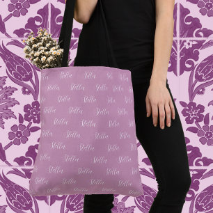 Bolsa Tote Nome de repetição em branco em cor-de-rosa ondante