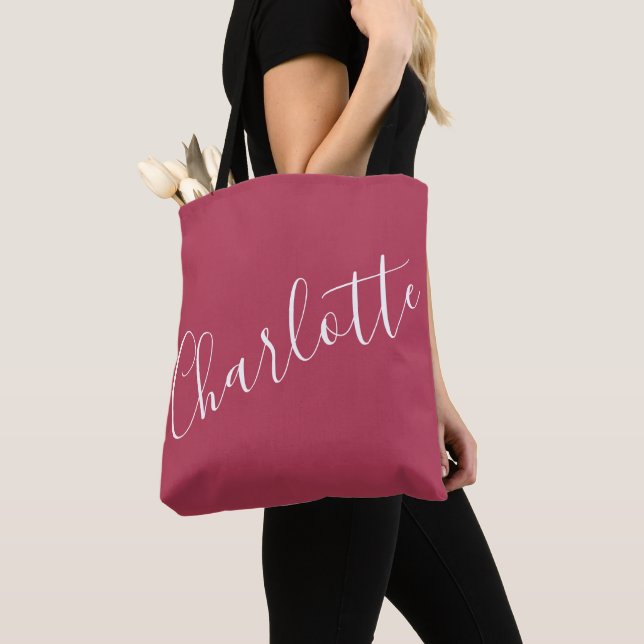 Bolsa Tote Nome de Script Elegante Personalizado Red Magenta (Close Up)