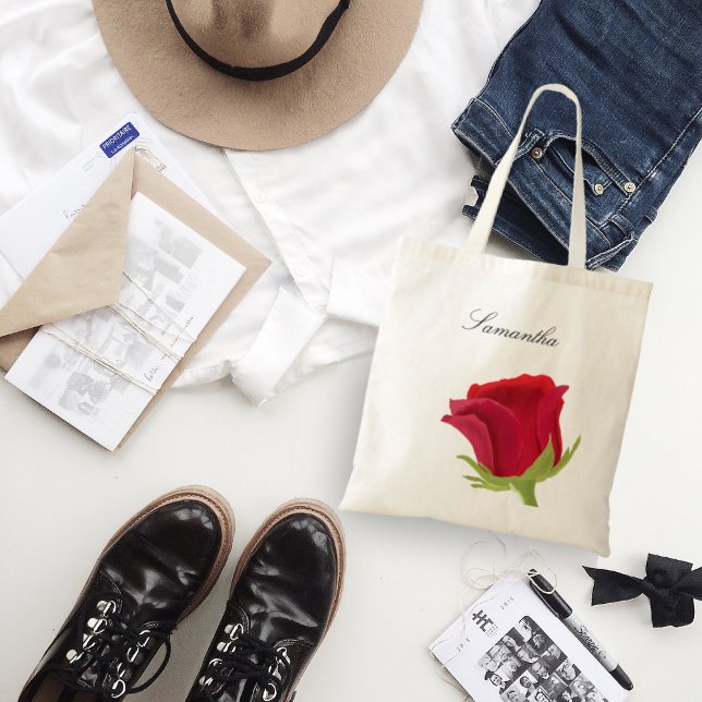 Bolsa Tote Nome do Bridesmaid da rosa vermelha (Criador carregado)