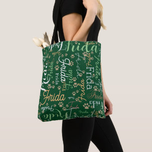 Bolsa Tote Nome do cão repetitivo e impressões de pata em tod