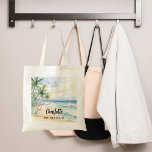Bolsa Tote Nome do casamento da praia de Bridesmaid<br><div class="desc">Uma praia tropical,  ondas e palmeiras,  de cor aquosa. Personalize e adicione o nome da dama de honra. Script de estilo manuscrito preto.</div>