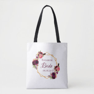 Bolsa Tote Nome do casamento geométrico do ouro floral branco