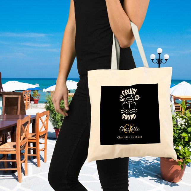 Bolsa Tote Nome do monograma branco preto do esquadrão de cru (Criador carregado)