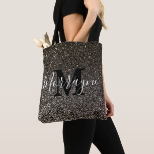 Bolsa Tote Nome do Monograma Chic Glitter Preto