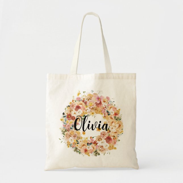 Bolsa Tote Nome do Monograma Clássico Elegante Floral Bridesm (Frente)