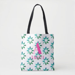 Bolsa Tote Nome do Monograma Cor de Água Floral Verde Rosa