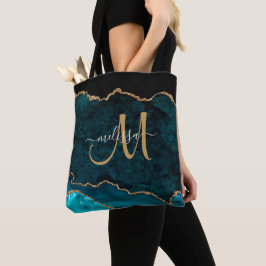 Bolsa Tote Nome do Monograma da Agitação Dourada do Teal Mode
