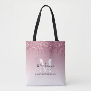 Bolsa Tote Nome do Monograma da Brilhante Cor-de-Rosa Dourada
