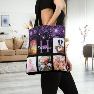 Bolsa Tote Nome do monograma da colagem de fotos com brilho r
