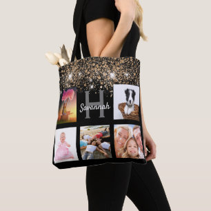 Bolsa Tote Nome do monograma da colagem de fotos douradas pre