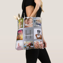 Bolsa Tote Nome do monograma da colagem de fotos prateadas