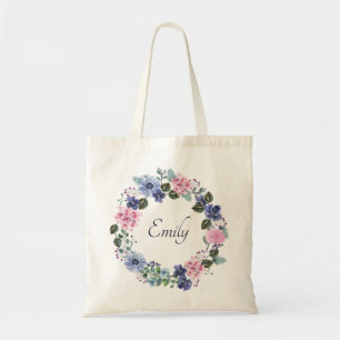Bolsa Tote Nome do Monograma de Bridesmaid Floral Azul Elegan