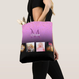 Bolsa Tote Nome do monograma de foto preto roxo