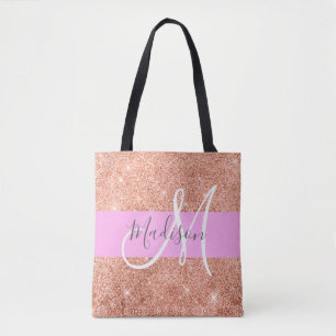 Bolsa Tote Nome do Monograma de Glitter Dourado Rosa Brilhant