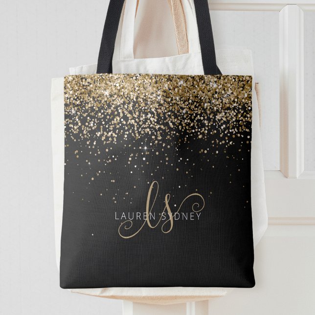Bolsa Tote Nome do Monograma do Glitter Dourado (Criador carregado)