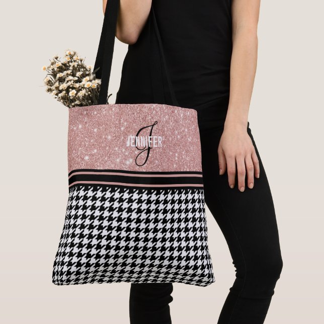 Bolsa Tote Nome do monograma do Glitter Houndstooth rosa Dour (Close Up)