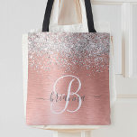 Bolsa Tote Nome do Monograma do Glitter Metálico Brutado Dour<br><div class="desc">Personalize facilmente este design de saco de tota de chico moderno com brilho bonito prateado brilhante num fundo metálico escovado de rosa dourado.</div>