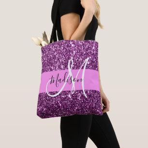 Bolsa Tote Nome do Monograma do Glitter Pink & Purple Glitter