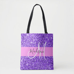 Bolsa Tote Nome do Monograma do Minigráfico Glitter Purple e