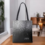 Bolsa Tote Nome do Monograma do Sparkle Glitter Negra<br><div class="desc">Black and Silver Faux Sparkle e Glitter Elegant Monographic Bag. Este Livro Bag pode ser personalizado para incluir seu nome inicial e próprio e ser dado como presente para o Natal,  Doce 16 Aniversário,  Chá de panela ou Casamento.</div>