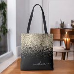 Bolsa Tote Nome do Monograma do Sparkle Glitter Negro Dourado<br><div class="desc">Faux Sparkle e Glitter Elegant Monographic Bag. Este Livro Bag pode ser personalizado para incluir seu nome inicial e próprio e ser dado como presente para o Natal,  Doce 16 Aniversário,  Chá de panela ou Casamento.</div>