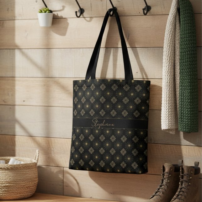 Bolsa Tote Nome Do Monograma Dourado E Preto Elegante Moderno (Criador carregado)