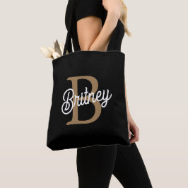 Bolsa Tote Nome do Monograma Elegante Moderno Script Dourado