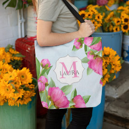 Bolsa Tote Nome do Monograma Floral Rosa Personalizado
