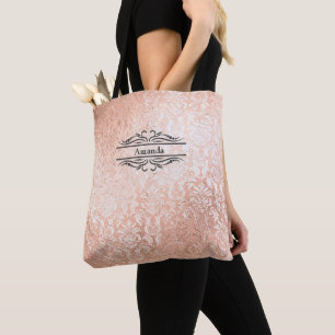 Bolsa Tote Nome do Monograma Iniciais Rosa Dourado Damask Bri