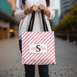 Bolsa Tote Nome do Monograma Inicial Rosa e Branco