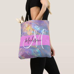 Bolsa Tote Nome do Monograma Iridescente Holográfico Rosa Gir