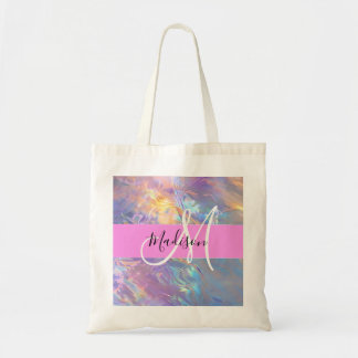 Bolsa Tote Nome do Monograma Iridescente Holográfico Rosa Gir