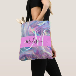 Bolsa Tote Nome do Monograma Iridescente Holográfico Rosa Gir