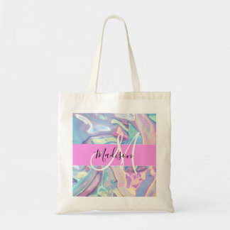 Bolsa Tote Nome do Monograma Iridescente Holográfico Rosa Gir