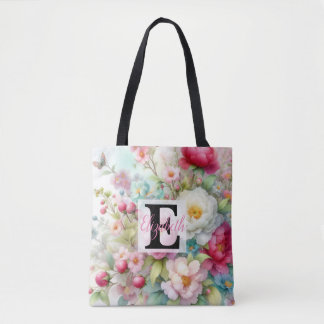 Bolsa Tote Nome do monograma na aquarela Flores nos pastéis