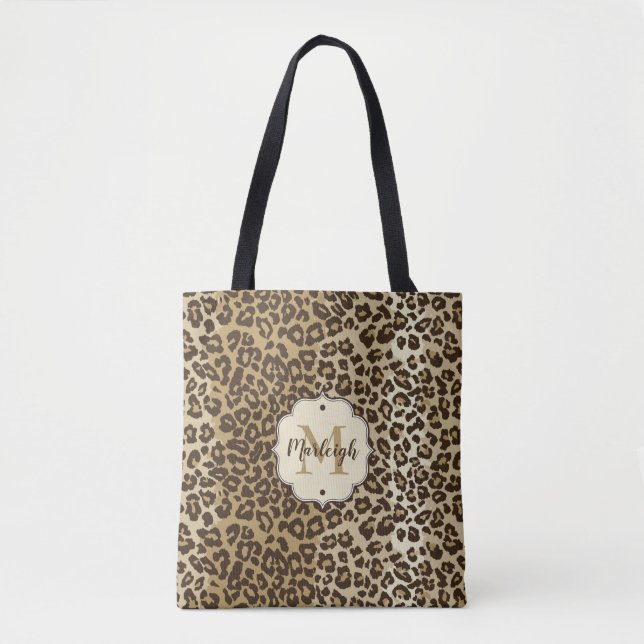 Bolsa Tote Nome do Monograma Personalizado de Impressão Leopa (Frente)