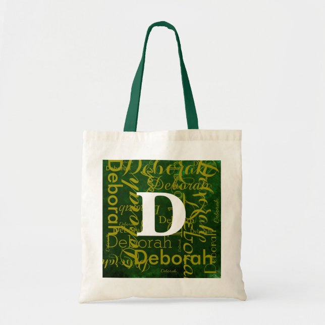 Bolsa Tote nome do monograma personalizado e verde inicial (Frente)