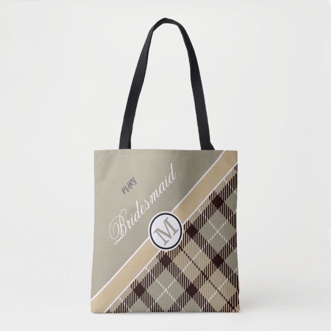 Bolsa Tote Nome do Monograma Personalizado Tartan Bridesmaid (Frente)