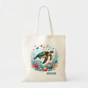 Bolsa Tote Nome do nome da tartaruga marinha de praia