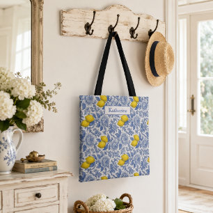 Bolsa Tote Nome do padrão botânico de limão azul vintage