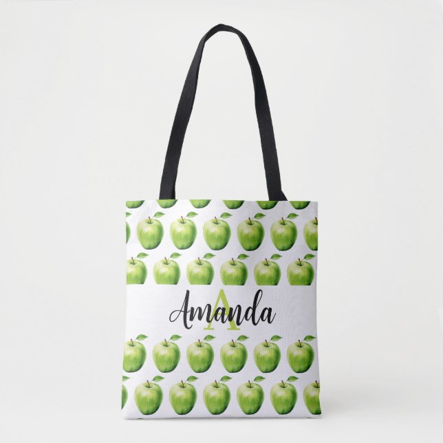 Bolsa Tote Nome do Padrão da Apple Verde da Aquarela Monogram (Frente)