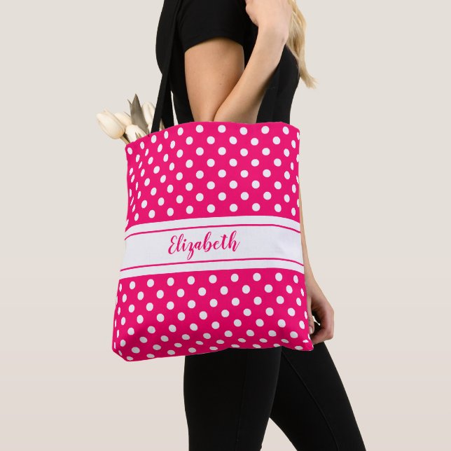 Bolsa Tote Nome do Padrão de Bolinhas Branca Rosa (Close Up)