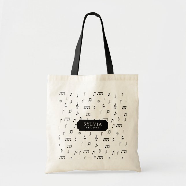 Bolsa Tote Nome do Padrão de Notas Musicais Pretas e Brancas (Frente)