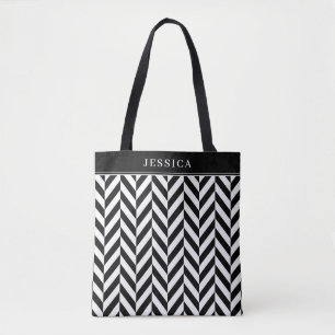 Bolsa Tote Nome do Padrão de Stripes Negra e Branca Elegante