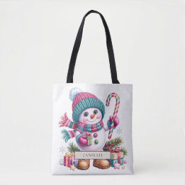 Bolsa Tote Nome do Papai Noel de Bengala de Natal Rosa Azul