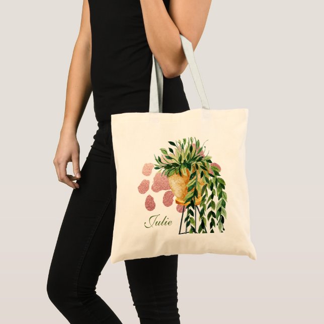 Bolsa Tote Nome do Script da Planta de Pothos em Aquarela   (Frente (produto))