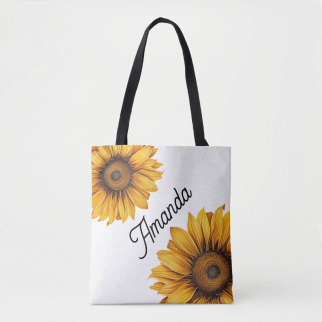 Bolsa Tote Nome do Script Diagonal Amarelo da Aquarela Girass (Frente)