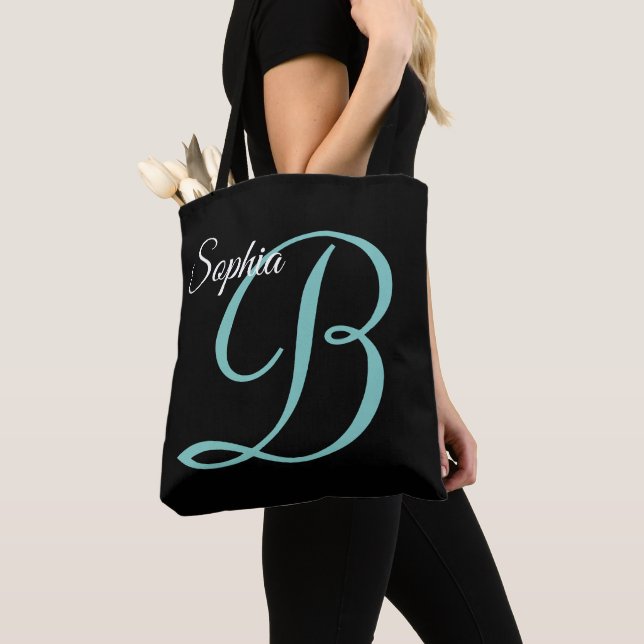 Bolsa Tote Nome do Script e Monograma em Preto (Close Up)