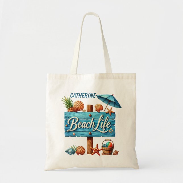 Bolsa Tote Nome do sinal de vida de praia bonito (Frente)